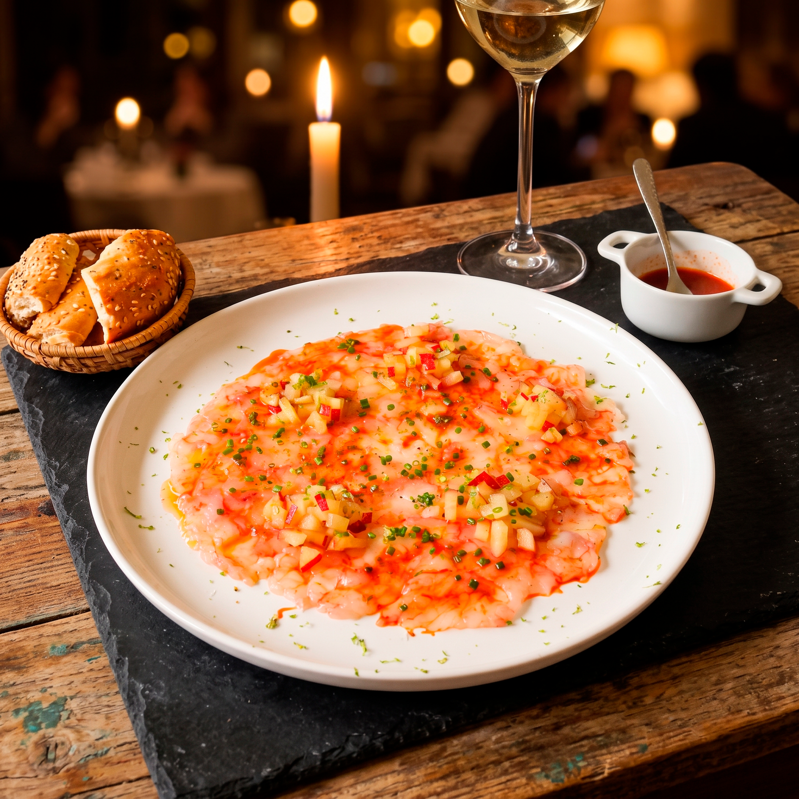 Carpaccio de gambas con vinagreta de coral
