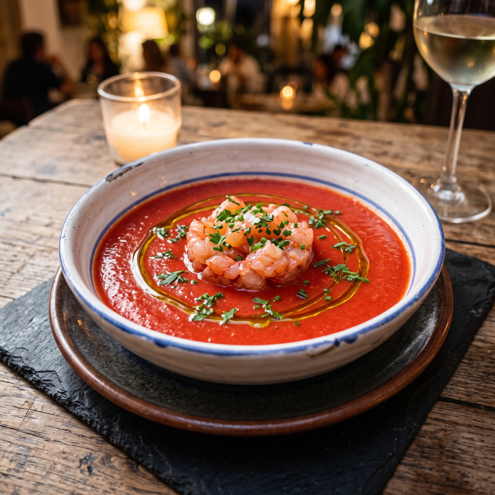 Gazpacho tradicional con tartar de gamba roja